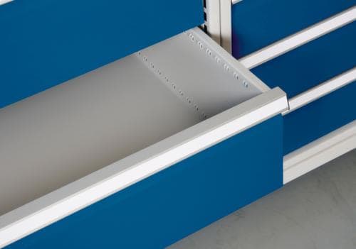 Bedrunka + Hirth Werkbank met blad van massief beuken en frame in vele kleuren, 6 laden, 2 kasten