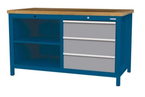 Bedrunka + Hirth Werkbank met blad van massief beuken en frame in vele kleuren, 3 laden, 2 legborden
