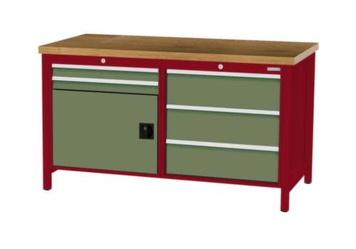 Bedrunka + Hirth Werkbank met blad van massief beuken en frame in vele kleuren, 5 laden, 1 kast