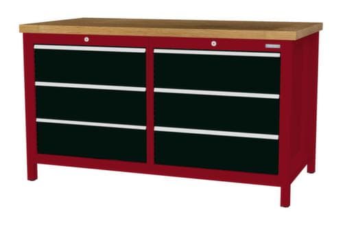 Bedrunka + Hirth Werkbank met blad van massief beuken en frame in vele kleuren, 6 lades