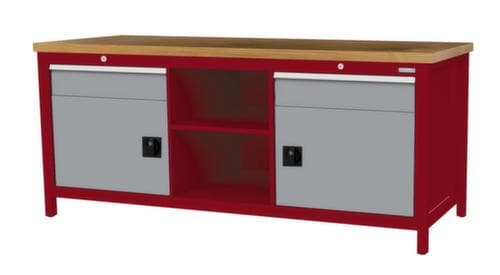 Bedrunka + Hirth Werkbank met blad van massief beuken en frame in vele kleuren, 2 laden, 2 kasten, 2 legborden