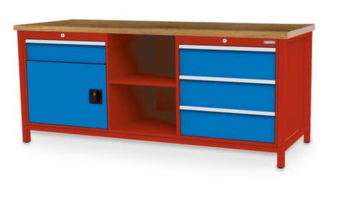 Bedrunka + Hirth Werkbank met blad van massief beuken en frame in vele kleuren, 3 laden, 1 kast, 2 legborden