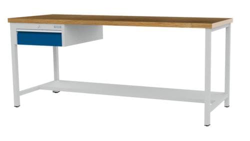 Bedrunka + Hirth Werkbank met blad van massief beuken en frame in vele kleuren, 1 lade, 1/2 legbord