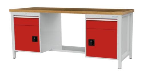 Bedrunka + Hirth Werkbank met blad van massief beuken en frame in vele kleuren, 2 laden, 2 kasten, 1/2 legbord