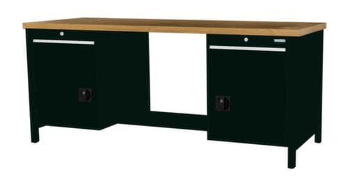 Bedrunka + Hirth Werkbank met blad van massief beuken en frame in vele kleuren, 2 laden, 2 kasten, 1/2 legbord