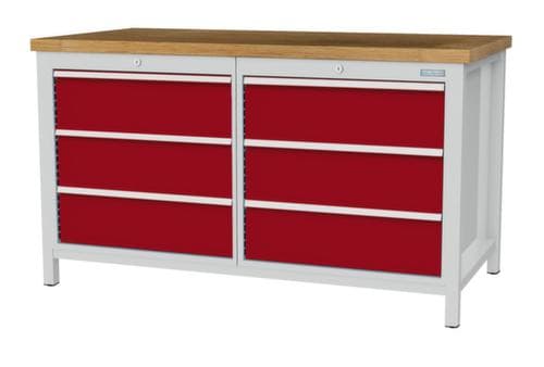 Bedrunka + Hirth Werkbank met blad van massief beuken en frame in vele kleuren, 6 lades