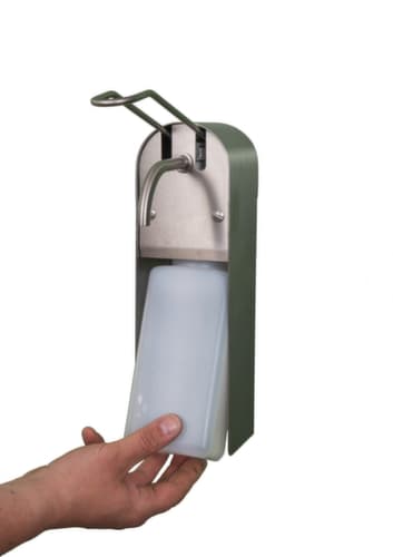 Dispenser voor zeep en desinfectiemiddel, met hefarm