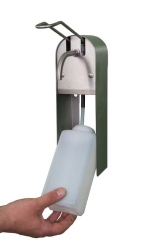 Dispenser voor zeep en desinfectiemiddel, met hefarm