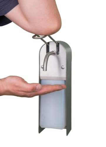 Dispenser voor zeep en desinfectiemiddel, met hefarm