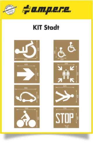 a.m.p.e.r.e. set sjablonen Stadt voor vloermarkering, rolstoelgebruikers, pijl, verzamelpunt, laadstation, voetgangers, fiets, stop