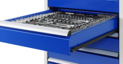 RAU In hoogte verstelbare werkbank Serie 8000, 4 laden, RAL7035 lichtgrijs/RAL5010 gentiaanblauw