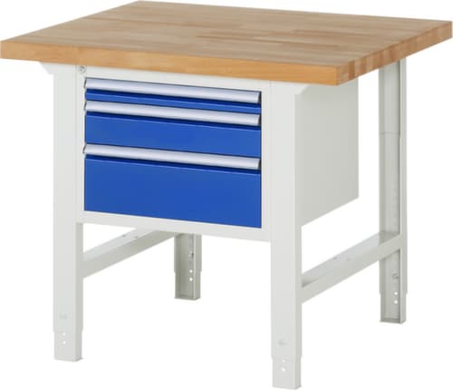 RAU In hoogte verstelbare werkbank Serie 7000, 3 laden, RAL7035 lichtgrijs/RAL5010 gentiaanblauw