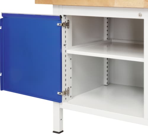 RAU In hoogte verstelbare werkbank Serie 8000, 2 laden, 2 kasten, 2 legborden, RAL7035 lichtgrijs/RAL5010 gentiaanblauw