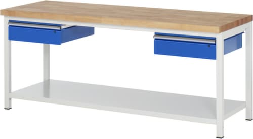 RAU In hoogte verstelbare werkbank Serie 8000, 2 laden, 1 legbord, RAL7035 lichtgrijs/RAL5010 gentiaanblauw