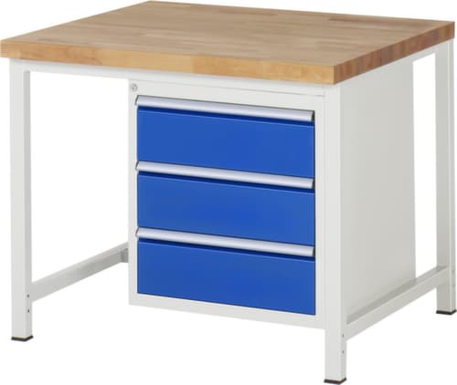 RAU In hoogte verstelbare werkbank Serie 8000, 3 laden, RAL7035 lichtgrijs/RAL5010 gentiaanblauw