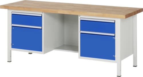 RAU In hoogte verstelbare werkbank Serie 8000, 2 laden, 2 kasten, RAL7035 lichtgrijs/RAL5010 gentiaanblauw