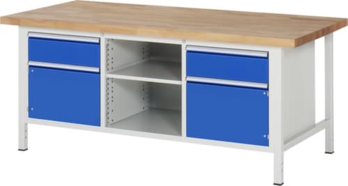 RAU In hoogte verstelbare werkbank Serie 8000, 2 laden, 2 kasten, 2 legborden, RAL7035 lichtgrijs/RAL5010 gentiaanblauw