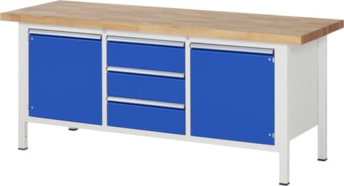 RAU In hoogte verstelbare werkbank Serie 8000, 3 laden, 2 kasten, RAL7035 lichtgrijs/RAL5010 gentiaanblauw
