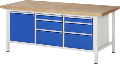 RAU In hoogte verstelbare werkbank Serie 8000, 6 laden, 1 kast, RAL7035 lichtgrijs/RAL5010 gentiaanblauw
