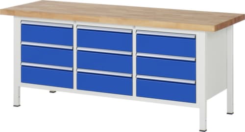 RAU In hoogte verstelbare werkbank Serie 8000, 9 lades, RAL7035 lichtgrijs/RAL5010 gentiaanblauw