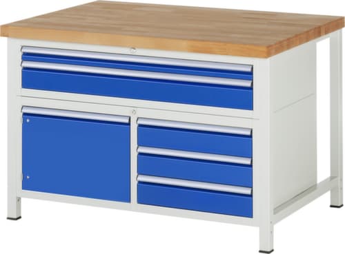 RAU In hoogte verstelbare werkbank Serie 8000, 5 laden, 1 kast, RAL7035 lichtgrijs/RAL5010 gentiaanblauw