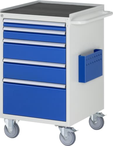RAU Verrijdbare werkbank Serie 7000, 5 laden, 1 documenthoes, 1 duwbeugel, RAL7035 lichtgrijs/RAL5010 gentiaanblauw