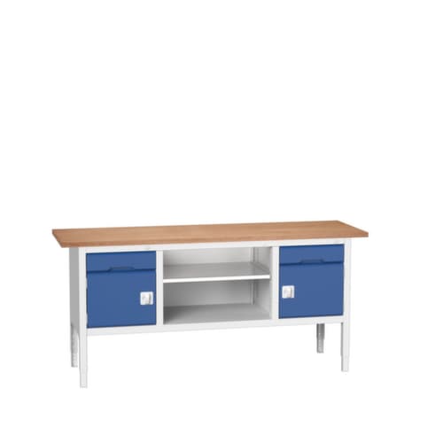 bott in hoogte verstelbare werkbank met opbergruimte verso, 2 laden, 2 kasten, 1 legbord, RAL7035 lichtgrijs/RAL5010 gentiaanblauw