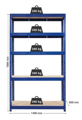 UDOBÄR Zwaarlaststelling, hoogte x breedte x diepte 1800 x 1400 x 600 mm, 5 legborden