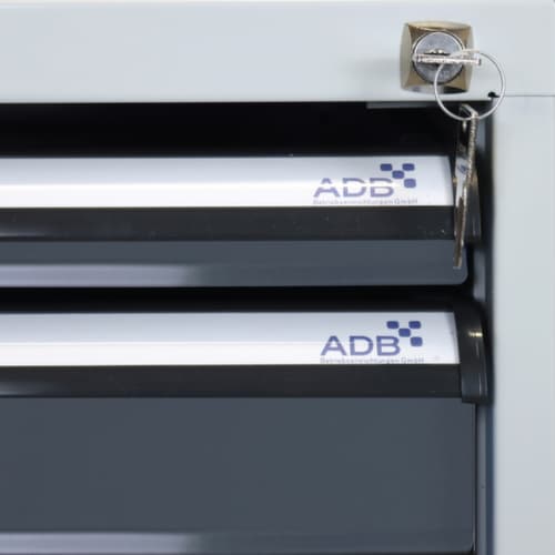 Werkbank met blad van massief beuken, 4 laden, 1 legbord, RAL7035 lichtgrijs/RAL7016 antracietgrijs