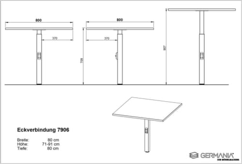 Hoekig koppelelement voor bureau GW-MAILAND 7906 met steunvoet, breedte x diepte 800 x 800 mm, plaat lichtgrijs