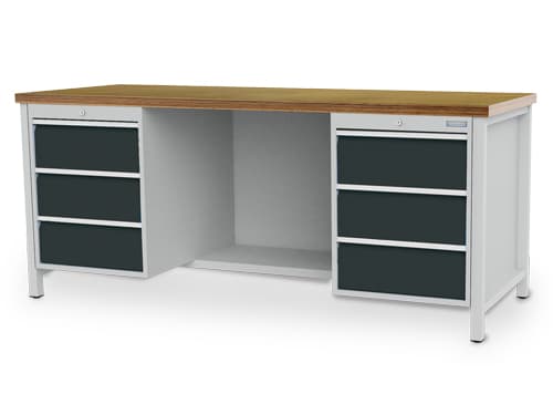 Bedrunka + Hirth Werkbank met beuken multiplexplaat, 6 laden, 1/2 legbord, RAL7035 lichtgrijs/RAL7016 antracietgrijs