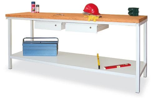 PAVOY Werkbank met frame in lichtgrijs en beuken-multiplexblad