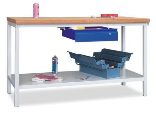 PAVOY Werkbank met frame in lichtgrijs en beuken-multiplexblad