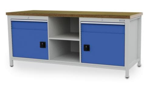 Bedrunka + Hirth Werkbank met blad van massief beuken en frame in vele kleuren, 2 laden, 2 kasten, 2 legborden