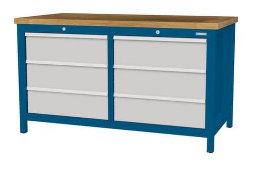 Bedrunka + Hirth Werkbank met blad van massief beuken en frame in vele kleuren, 6 lades