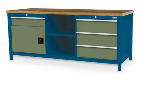 Bedrunka + Hirth Werkbank met blad van massief beuken en frame in vele kleuren, 3 laden, 1 kast, 2 legborden