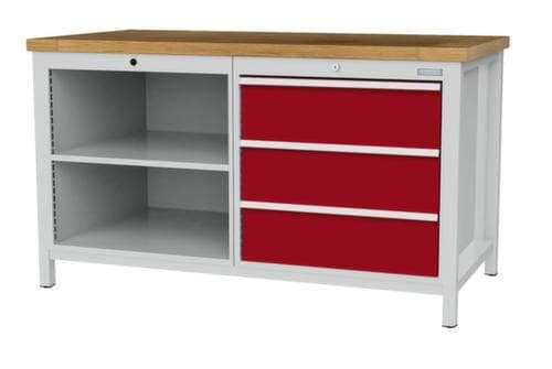 Bedrunka + Hirth Werkbank met blad van massief beuken en frame in vele kleuren, 3 laden, 2 legborden