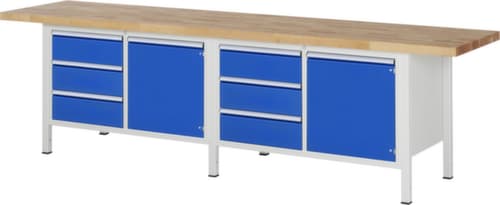 RAU In hoogte verstelbare werkbank Serie 8000, 6 laden, 2 kasten, RAL7035 lichtgrijs/RAL5010 gentiaanblauw
