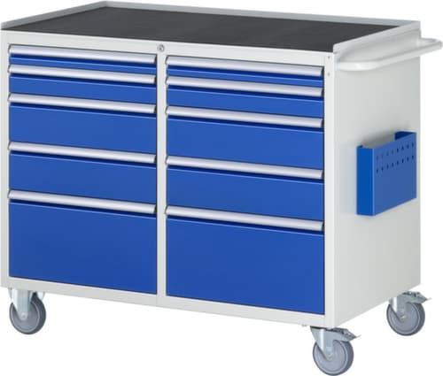 RAU Verrijdbare werkbank Serie 7000, 10 laden, 1 documenthoes, 1 duwbeugel, RAL7035 lichtgrijs/RAL5010 gentiaanblauw