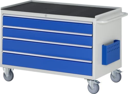 RAU Verrijdbare werkbank Serie 7000, 4 laden, 1 documenthoes, 1 duwbeugel, RAL7035 lichtgrijs/RAL5010 gentiaanblauw
